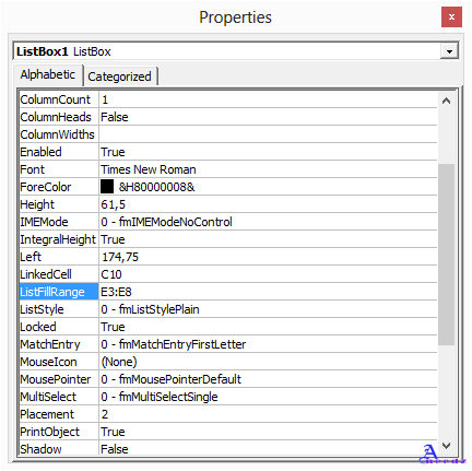 ActiveX Control: Listbox Properties